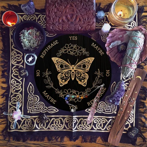 Vista 4 de AHANDMAKER Tabla de péndulo de bruja de 7.8 pulgadas, plancha de madera para radiestesia con péndulos de cristal de cuarzo rosa, herramientas