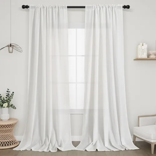 Vista 25 de Cortinas de lino verde aguamarina de 84 pulgadas de largo, juego de 2 paneles semitransparentes con bolsillo para barra para comedor, decoración