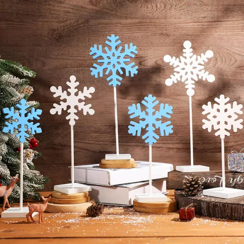 Vista 7 de Sawysine 6 piezas de centro de mesa de copo de nieve de madera de Navidad, decoración de copo de nieve, letrero alto de bloque de pie para chimenea