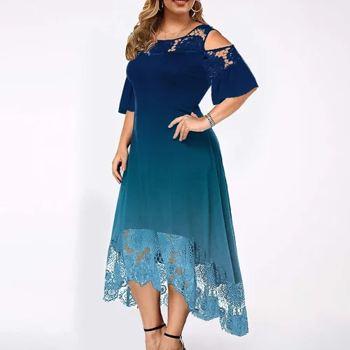 Vista 3 de Vestido casual de encaje con cuello redondo y degradado para mujer, talla grande, manga corta, costuras de encaje irregulares, vestidos largos