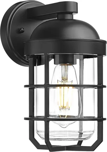 Vista 8 de Emliviar Juego de 2 lámparas de pared exteriores para porche, linterna de 11.3 pulgadas de color negro para montaje en pared con base de bombilla