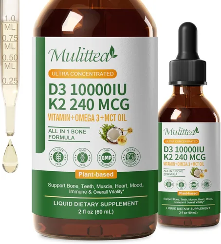 Vista 9 de Mulittea Líquido orgánico de vitamina D3 K2 con aceite de linaza y coco MCT vegano Omega-3, 10000 UI, líquido de vitamina D, sin rellenos, K2 sin
