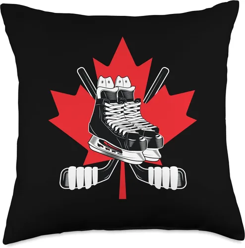 Vista 5 de Hockey Stick Ice Skates Canada Ice Hockey Gift Patines de palo Bandera canadiense Almohada de jugador de hockey sobre hielo, 16 x 16, multicolor