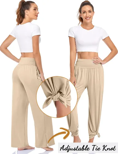 Vista 5 de UEU Pantalones de yoga de pierna ancha para mujer, cintura alta, ajustables, con lazo, casuales, holgados, talla grande, pantalones deportivos