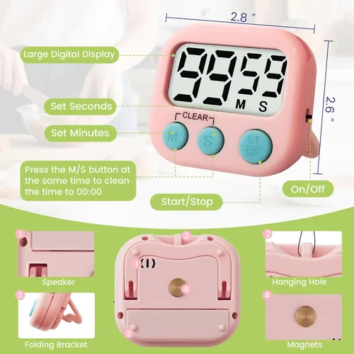 Vista 2 de Temporizador digital de 2 piezas para niños, temporizador de cocina magnético de cuenta regresiva, temporizadores de alarma fuertes mejorados