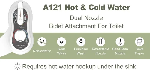 Vista 2 de APURE BIDET A121 - Accesorio de bidé de agua caliente y fría para asiento de inodoro - Doble boquilla - Lavado trasero y femenino - Autolimpieza
