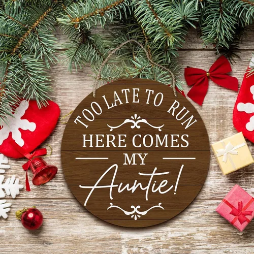 Vista 2 de PHAMTE Rustic Wedding Round Wreath Sign, Funny Ring Bearer Wall Hanging Plaque Wood Sign, too Late to Run Here Comes My Auntie Decor Decorations for