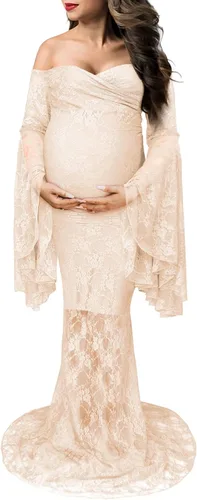 Vista 2 de Saslax Vestido de maternidad de encaje con hombros descubiertos para fotografía, maxi accesorios de maternidad, vestidos para sesión de fotos, baby