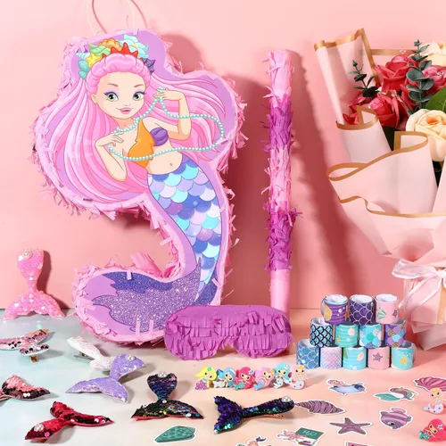 Vista 5 de Wettarn 90 piezas de recuerdos de fiesta de sirena, incluye paquete de piñatas de 16 x 12 x 3 pulgadas, pulseras de horquilla para niños, niñas