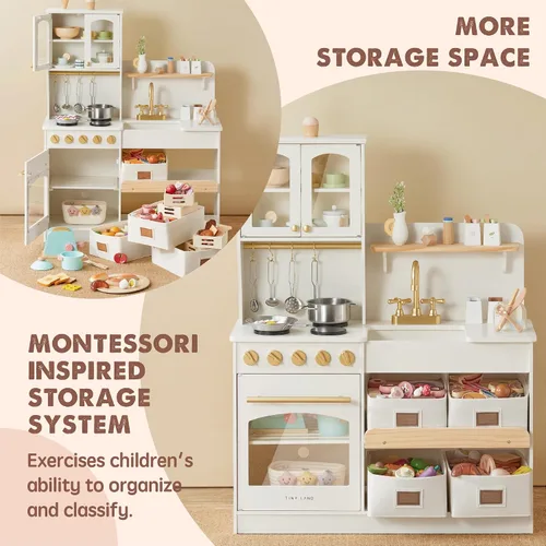 Vista 6 de Tiny Land Cocina de juego de madera con sistema de almacenamiento de juguetes y juegos de comida de madera para jugar a partir de 3 años