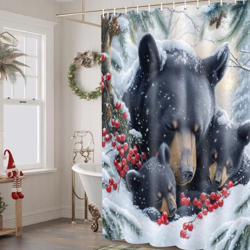 Vista 8 de Wathon Cortina de Ducha de Oso Negro de Invierno Escena Nevada Cortina de Baño con Osos Abrazándose Rodeados de Nieve y Bayas Rojas, Decoración