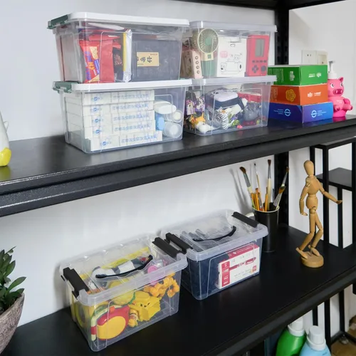 Vista 6 de Eslite Contenedores de almacenamiento apilables de plástico de 6 cuartos de galón, caja de pestillo transparente con asa y tapa, paquete de 6 Mango
