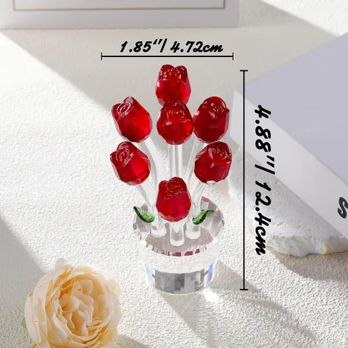 Vista 4 de Movdyka Figura de cristal de rosa roja con florero, ramo de flores, adorno de regalo para esposa, novia, mujer, flor de cristal hecha a mano