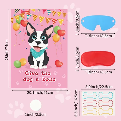 Vista 3 de Fowecelt Juego de fiesta Pin The Bone on The Dog con 48 piezas de hueso, vendas de ojos, póster y adhesivos para suministros de fiesta de cumpleaños