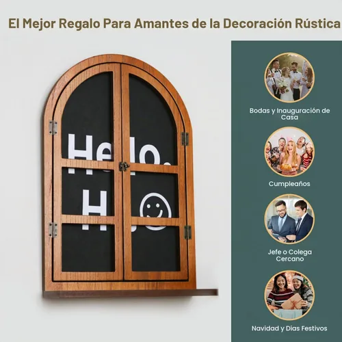 Vista 6 de Marco de madera rústico con marco de madera arqueada, decoración de pared con alféizar de ventana y persianas, decoración de ventana de pared