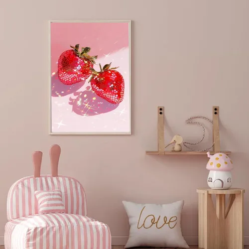 Vista 6 de RYMILIE Kits de pintura artística de diamante rosa para adultos, pintura de puntos de diamante de fresa para principiantes, pintura redonda 5D