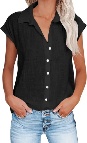 Vista 11 de Ceboyel Camisas para mujer de moda de verano, algodón, lino, manga corta, cuello con botones, blusa casual para mujer 2023