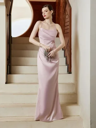 Vista 3 de Vestidos de dama de honor de sirena halter vestidos simples de satén para baile de graduación, tirantes delgados, vestido formal con cuello vuelto