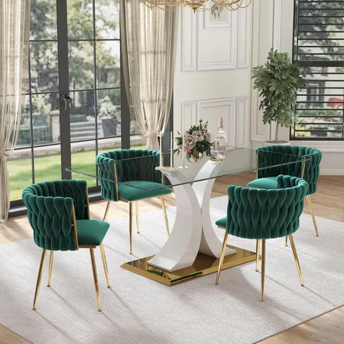 Vista 9 de Juego de comedor moderno de vidrio de lujo de 5 piezas, juego de cena rectangular minimalista grande para 4, juego de mesa de cocina de vidrio