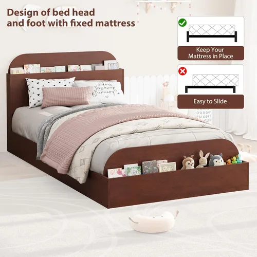 Vista 4 de Estructura de cama Garvee tamaño individual con cabecero y estribo – Cama de plataforma baja para niños, diseño de piso doble de madera, sin ruido