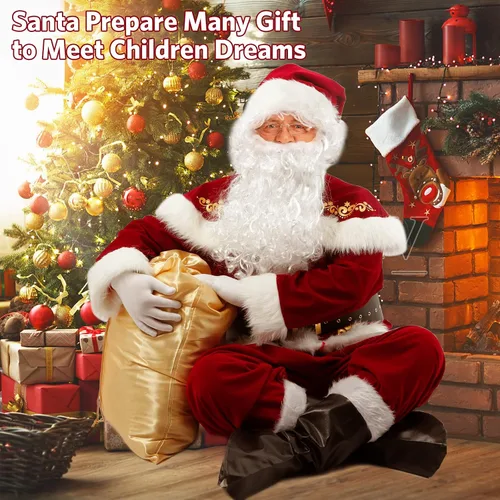 Vista 7 de Disfraz de Papá Noel de Navidad para hombres, traje de Papá Noel de lujo para adultos, 10 piezas, disfraz de terciopelo de Papá Noel para hombres