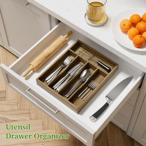Vista 3 de Kiasthome Organizador de Cajón de Cubiertos de Madera de Acacia, Organizador de Cajón de Utensilios de Cocina con Divisores Ranurados, Organizador