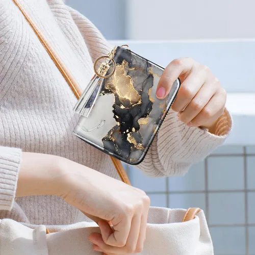 Vista 7 de Coco Rossi Billetera pequeña para tarjetas de crédito RFID con purpurina linda para mujer, C Oro Gris, Minimalista