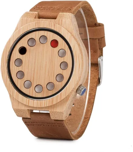 Vista 10 de BOBO BIRD Reloj de madera de bambú para hombre con correa de cuero de vaca negra, 12 agujeros, diseño temporizador, relojes deportivos casuales
