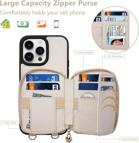 Vista 2 de Funda compatible con iPhone 15 Pro Max de 6.7 pulgadas, cremallera cruzada con ranuras para tarjetas de bloqueo RFID, soporte, cordón y correa