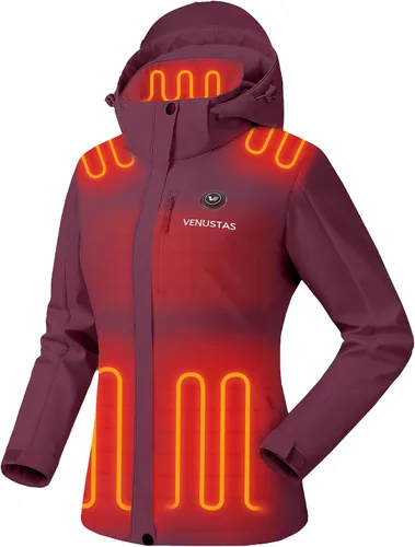 Vista 7 de Venustas - Chaqueta térmica para mujer con batería de 7.4 V, resistente al viento, eléctrica, aislada, con capucha desmontable, ajuste delgado Azul
