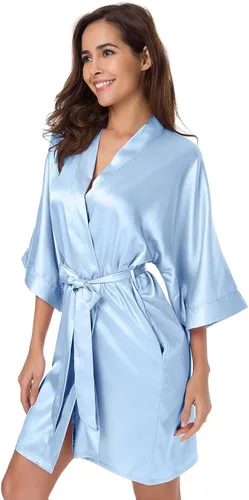 Vista 4 de SIORO - Albornoz de satén para mujer, sedoso kimono, para novia, damas de honor, boda, fiesta, salón, corto, XS-XXL