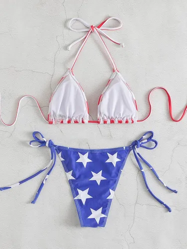 Vista 2 de GORGLITTER Traje de baño con la bandera estadounidense para mujer, parte superior triangular, corte alto, conjunto de bikini