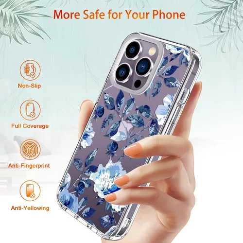 Vista 6 de Funda para iPhone 14 Pro con protector de pantalla, 6.1 pulgadas, transparente de cuerpo completo, a prueba de golpes, diseño floral, para niñas