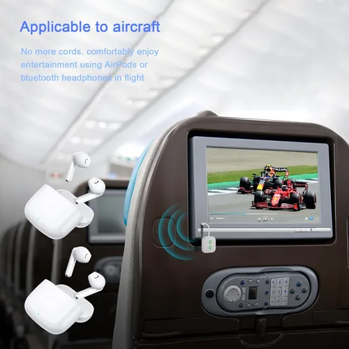 Vista 7 de Transmisor Bluetooth 5.3, adaptador de audio AptX adaptativo/baja latencia Doble enlace, funciona con conectores auxiliares de 0.1 in en aviones