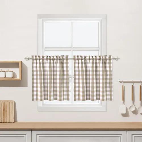 Vista 22 de Cortinas de Cocina Estilo Granja de Cuadros Vichy Blanco y Negro de 24 Pulgadas de Largo, Cortinas de Café de Media Ventana de Cuadros Buffalo