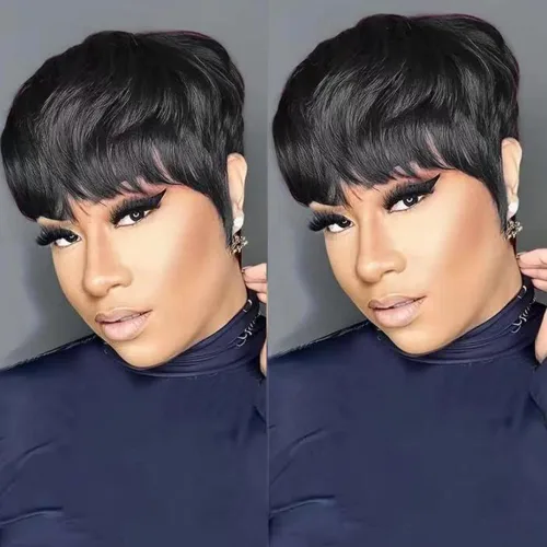 Vista 9 de Pelucas cortas de cabello humano estilo Pixie para mujeres negras, cabello brasileño virgen, corte natural marrón, sin pegamento, con flequillo