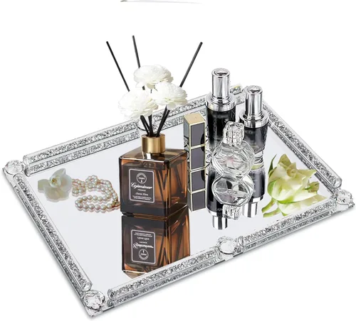 Vista 11 de Bandeja de cristal dorado, 11.8 x 7.9 pulgadas, bandeja decorativa de cristal para exhibición de perfumes cosméticos para una hermosa encimera