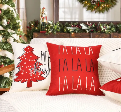Vista 6 de Juego de 4 fundas de almohada rojas de Navidad de 18 x 18 pulgadas, decoración navideña de granja con texto en inglés "Merry Tree Joy Let It Snow