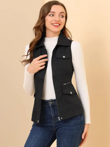 Vista 3 de Allegra K Chaqueta con cremallera y bolsillos para mujer, chaleco sin mangas tipo cargo