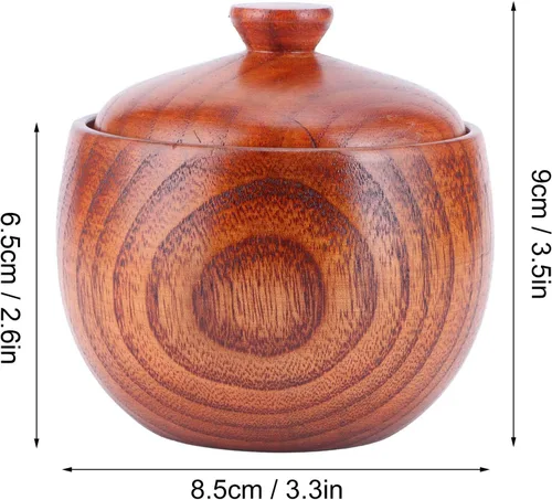 Vista 5 de Olla de especias de madera, bodega de sal de madera natural con tapa y cuchara, contenedor de azúcar, tarro de especias vintage, recipiente