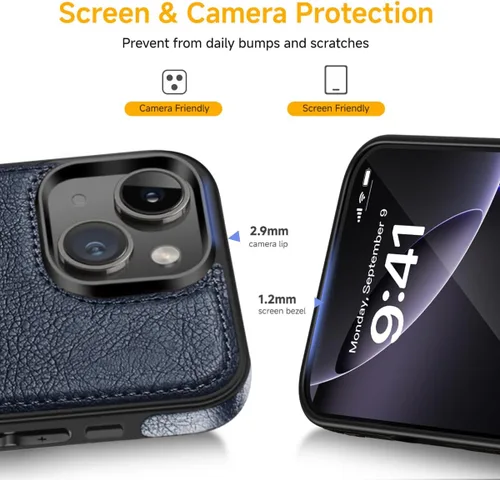 Vista 7 de Funda protectora ultradelgada de piel de lujo con diseño único para iPhone 14, antideslizante, resistente a los arañazos, funda protectora Azul