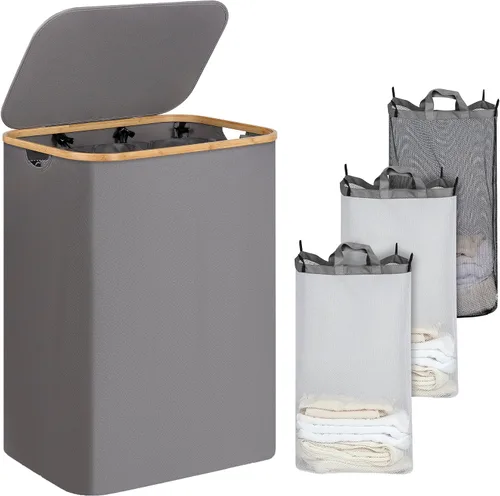 Vista 12 de iEGrow Cesta de lavandería con tapa, cesta grande de lavandería de 110 litros con asa y tapa, organizador de ropa plegable con bolsa interior Beige