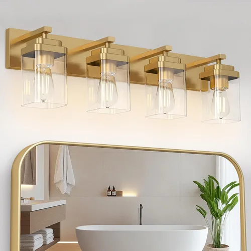 Vista 13 de Lámparas de baño de oro cepillado, 4 luces de baño sobre el espejo, diseño cuadrado y placa trasera grande rectangular, accesorios de iluminación