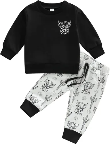 Vista 9 de VISGOGO Conjunto de ropa de otoño e invierno para bebé niño, sudadera de manga larga con estampado de letras + pantalones, 2 piezas A-bubs-marrón