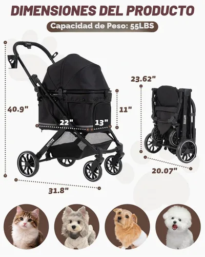 Vista 2 de HITTITE Cochecito para mascotas con cubierta resistente a la intemperie, cochecito todo terreno para gatos y perros de 4 ruedas con toldo ajustable