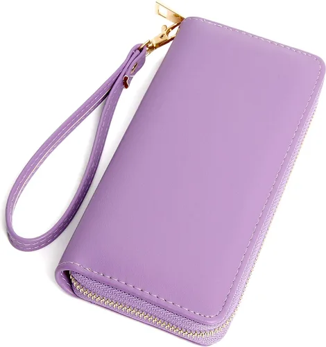 Vista 11 de VOCUS Cartera de mujer con bloqueo RFID de cuero PU con cremallera alrededor, gran cartera de viaje larga, con tarjetero y tira para la muñeca Marrón