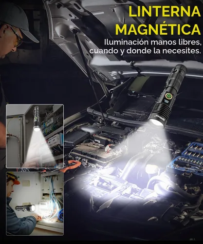 Vista 3 de Linterna recargable de alto lúmenes, luz magnética súper brillante con pantalla digital de potencia, largo alcance, regulable, impermeable, linterna