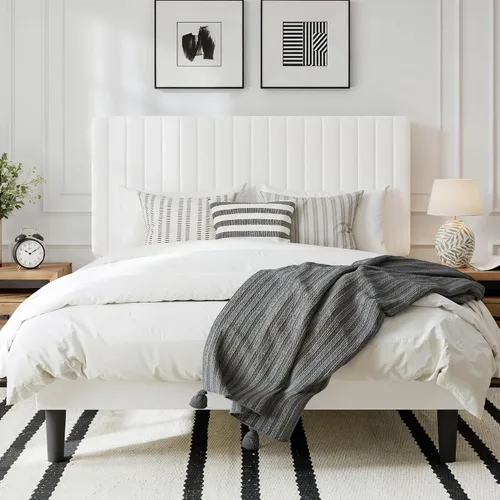 Vista 10 de GOLDORO Base de cama tapizada de terciopelo de tamaño matrimonial con cabecera capitoné de canal vertical, soporte de listones de madera,