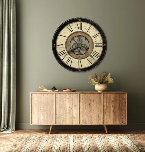 Vista 2 de Howard Miller Brass Works - Reloj de pared con acabado de latón antiguo, movimiento de cuarzo, números romanos, engranaje móvil, funciona