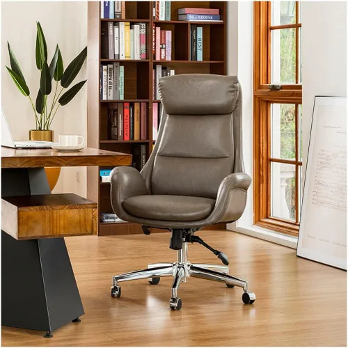 Vista 10 de Glitzhome Mid-Century Modern Air Leatherette Silla de oficina giratoria ajustable con respaldo alto, color negro